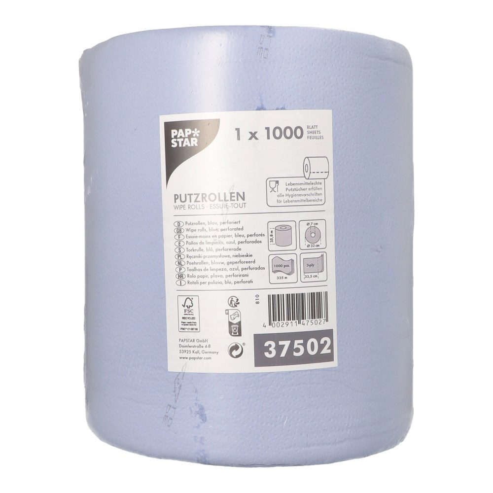 Putzrolle, 3-lagig Ø 32 cm · 335 m x 35,8 cm blau 1.000 Abrisse Blatt 35,8 x 33,5 cm