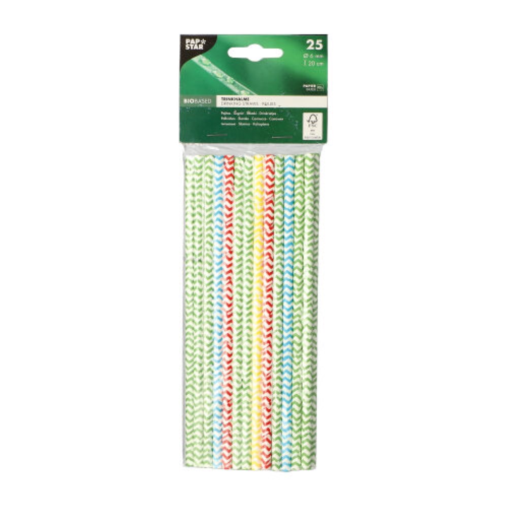 25 Trinkhalme, Papier Ø 6 mm · 20 cm farbig sortiert "Zig-Zag"