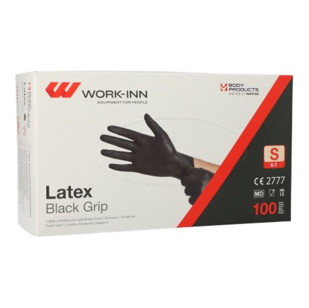 100 "WORK-INN/PS" Handschuhe, Latex puderfrei "Black Grip" schwarz Größe S