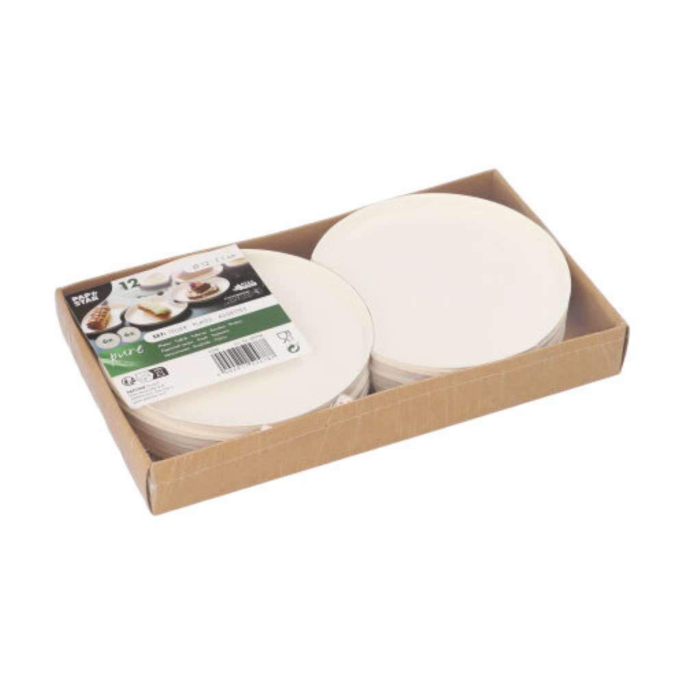 12 Teller Zuckerrohr "pure" rund Ø 12 cm · 1 cm weiss "Cella" : Set