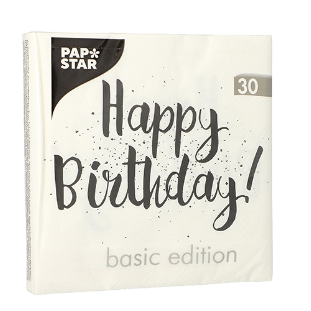 30 Servietten, 3-lagig 1/4-Falz 33 cm x 33 cm "Happy Birthday"