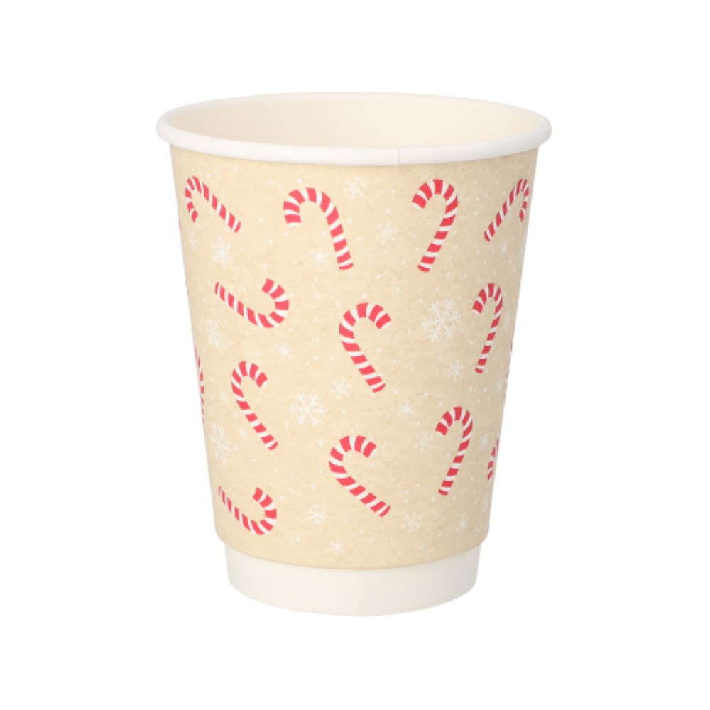 25 Trinkbecher, Pappe 0,3 l Ø 9 cm · 11,2 cm natur "Candy Canes " doppelwandig