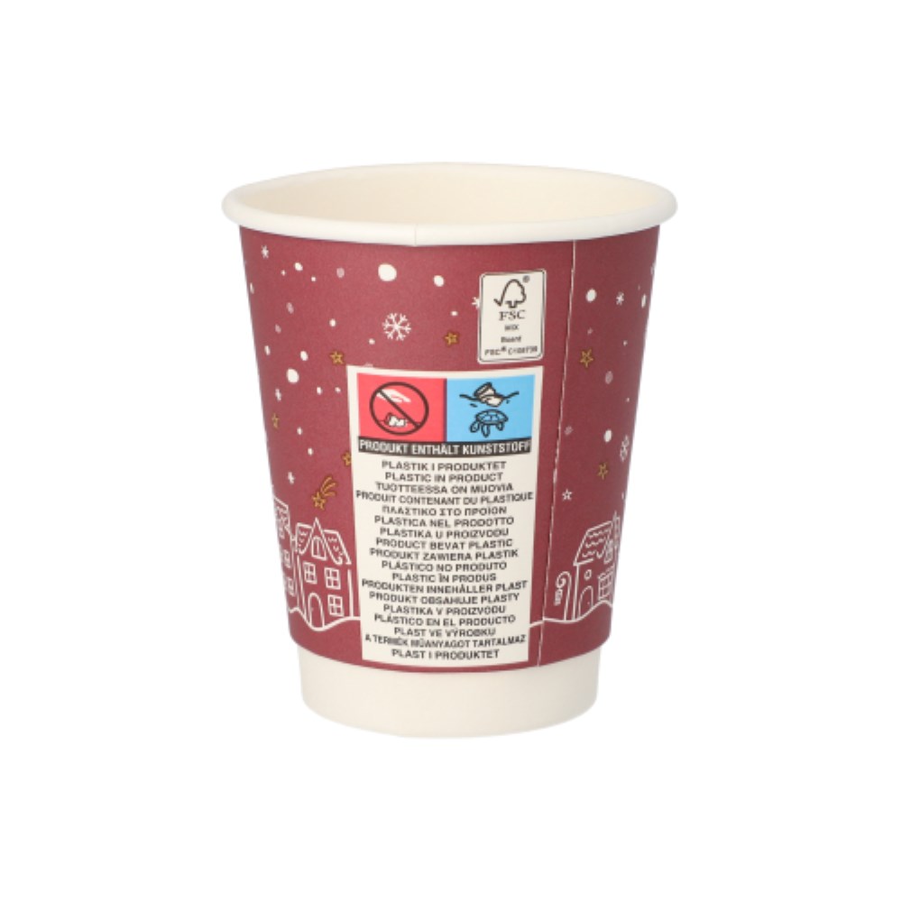 25 Trinkbecher, Pappe 0,2 l Ø 8 cm · 9,3 cm rot "Hello Winter" doppelwandig