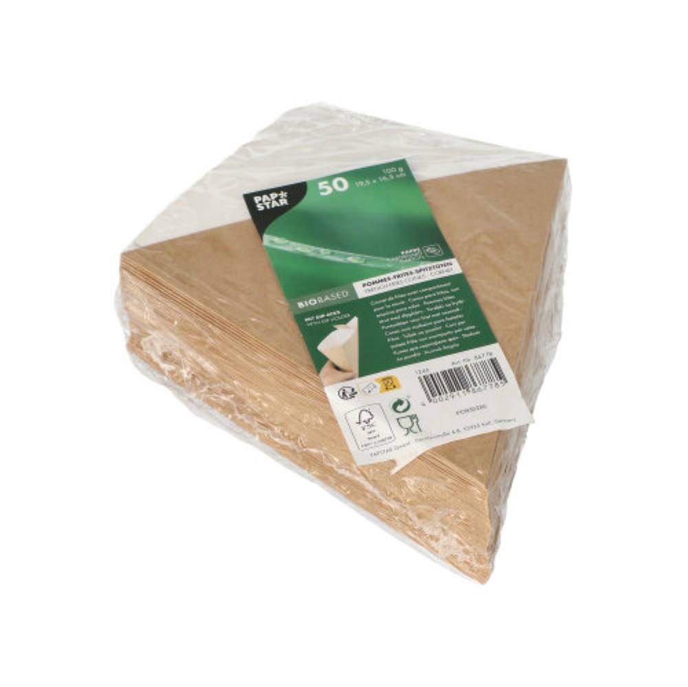 50 Pommes-Frites-Spitztüten mit Dip-Ecke, Pappe "pure" 19,5 cm x 16,5 cm braun/weiss Füllinhalt 100g