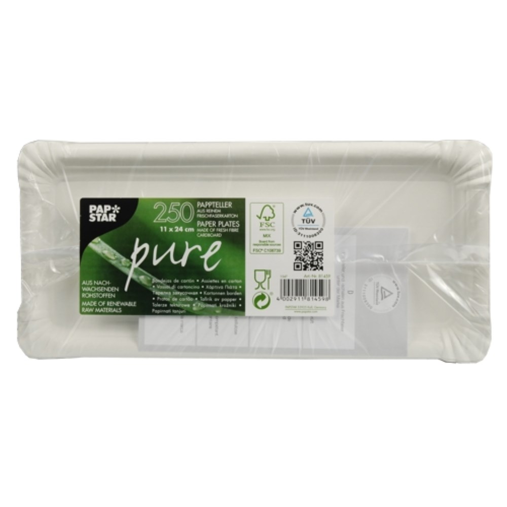 250 Teller, Pappe "pure" eckig 11 cm x 24 cm weiss