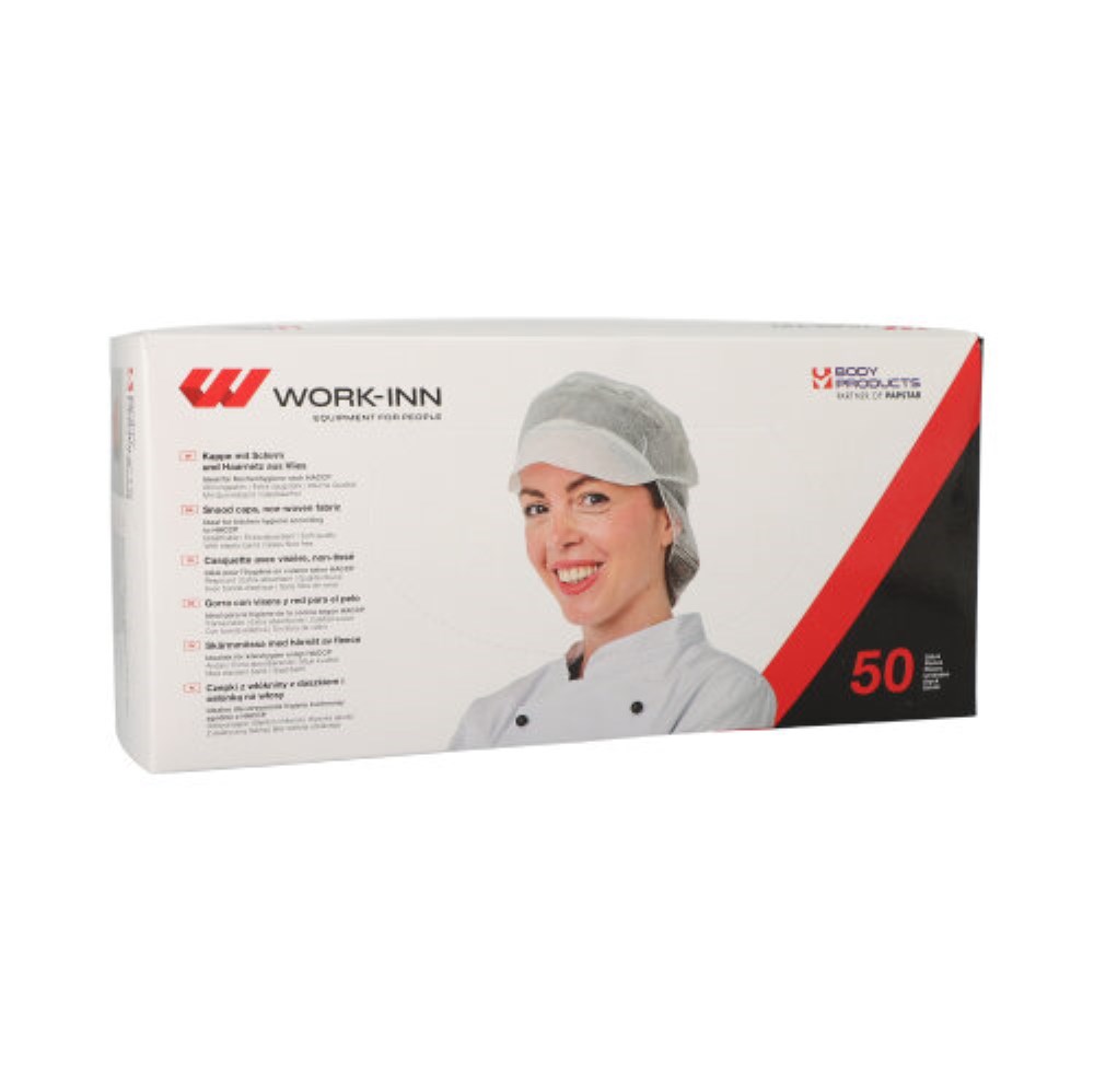 50 "WORK-INN/PS" Kappen mit Schirm und Haarnetz, Vlies Ø 30 cm weiss