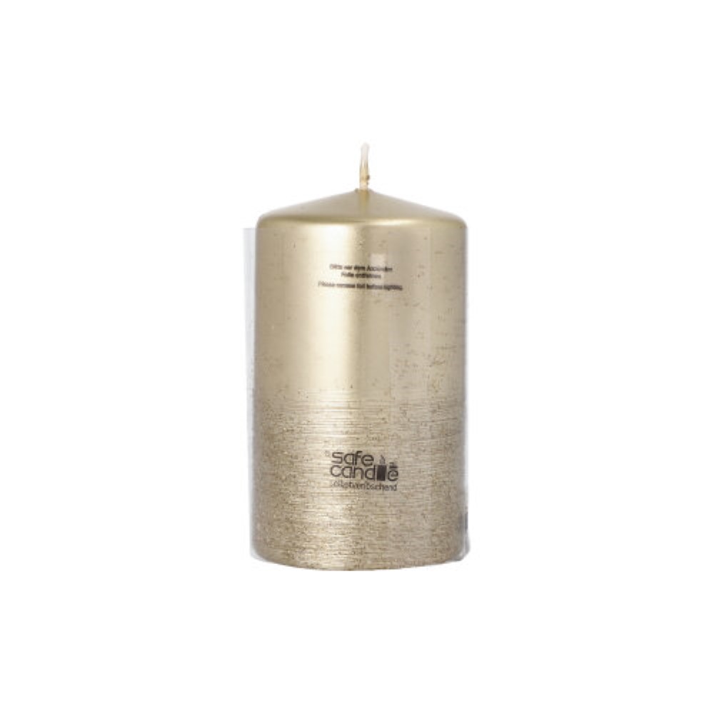 Stumpenkerze "Safe Candle" Ø 60 mm · 100 mm gold "Fia" einzeln cellophaniert