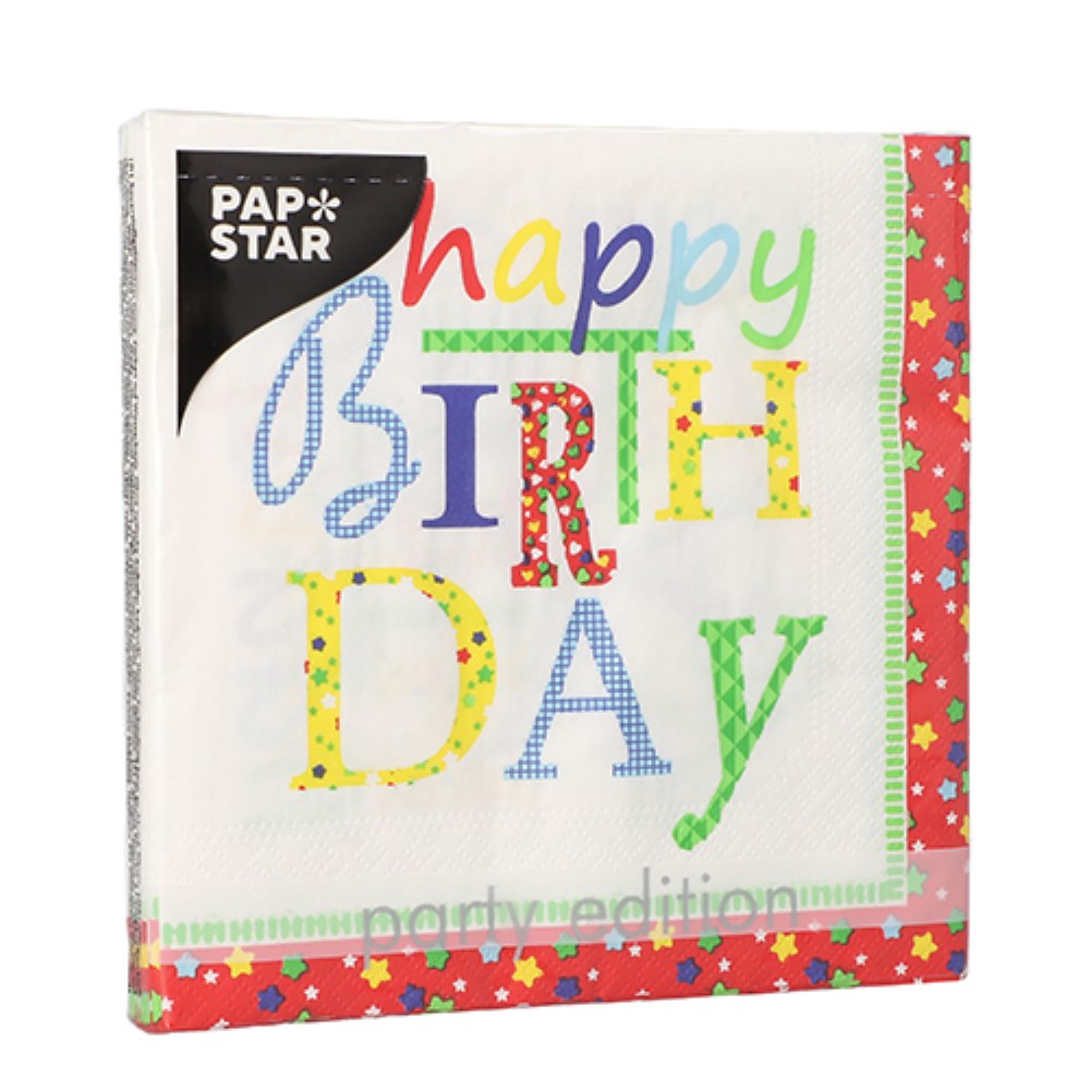 20 Servietten, 3-lagig 1/4-Falz 33 cm x 33 cm "Happy Birthday"