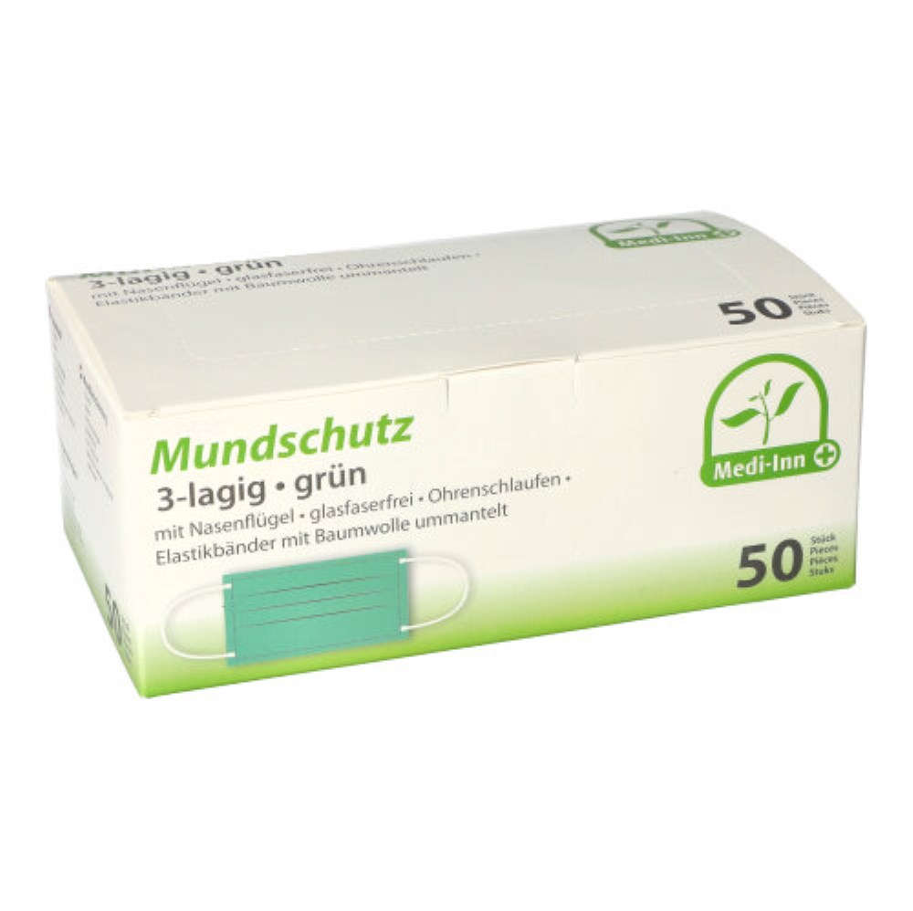 50 "Medi-Inn" Mundschutz Type II 3-lagig 9 cm x 17,5 cm grün mit Nasenbügel