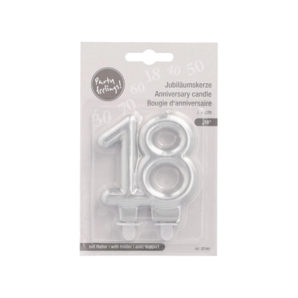 Jubiläumskerzen mit Halter 7 cm silber "18"