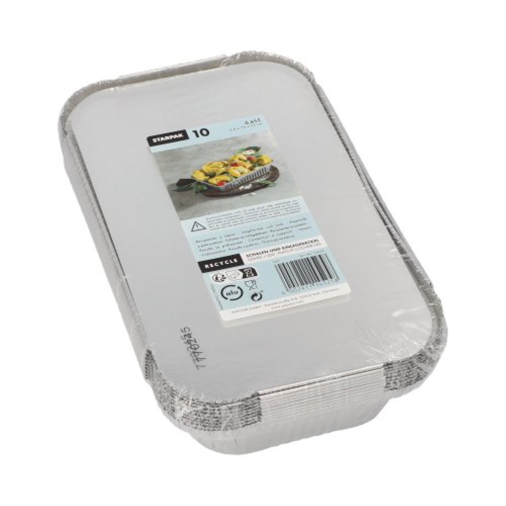 10 Schalen, Alu + Einlegedeckel, PP-beschichtet eckig 0,65 l 3,4 cm x 13 cm x 22 cm für Lasagne