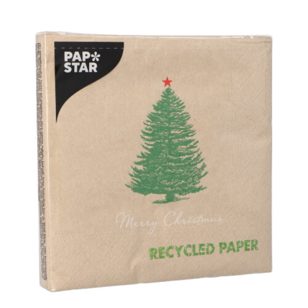 20 Servietten, 3-lagig 1/4-Falz 33 cm x 33 cm natur "Christmastree with Star" aus recyceltem Papier