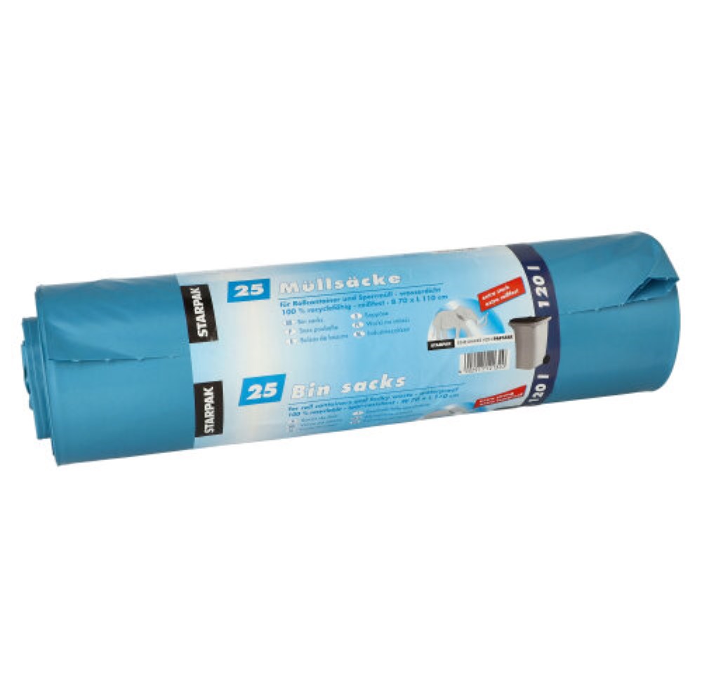 25 Müllsäcke, LDPE 120 l 110 cm x 70 cm blau extra stark und extra reißfest, 60 my