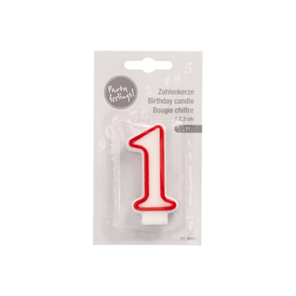 Zahlenkerze 7,3 cm weiss "1" mit rotem Rand