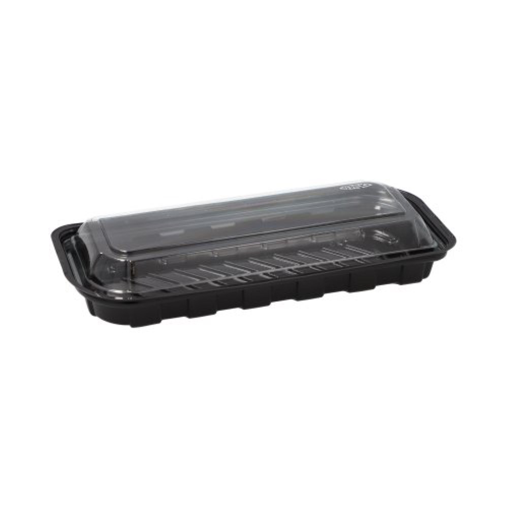 50 Sushi-Schalen R-PET rechteckig 21 cm x 8,8 cm x 4,3 cm schwarz mit transparentem Deckel