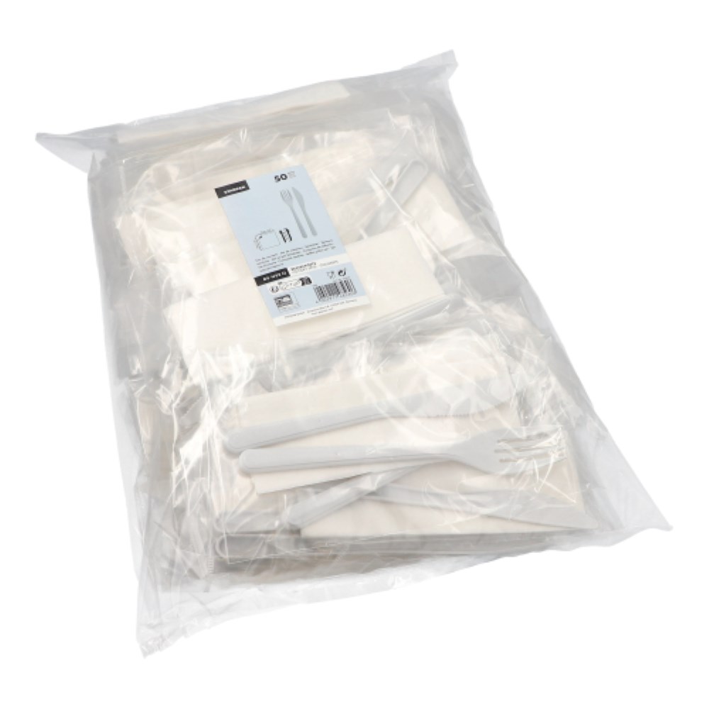 50 Mehrweg-Bestecksets PP-MF 22 cm weiss : Messer, Gabel, Serviette in Folienbeutel