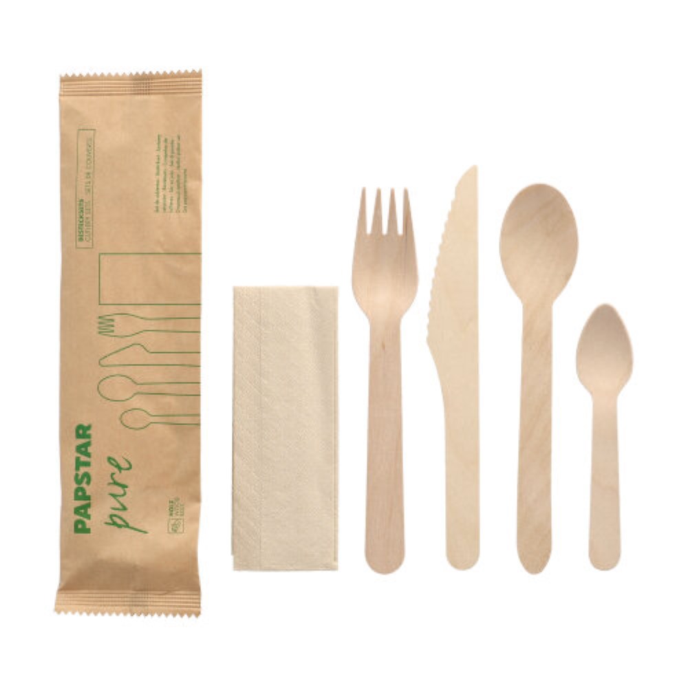 50 Bestecksets Holz "pure" : Messer, Gabel, Löffel, Kaffeelöffel, Serviette in Papierbeutel