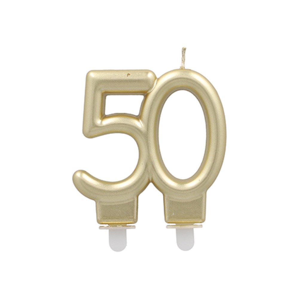 Jubiläumskerzen mit Halter 7 cm gold "50"