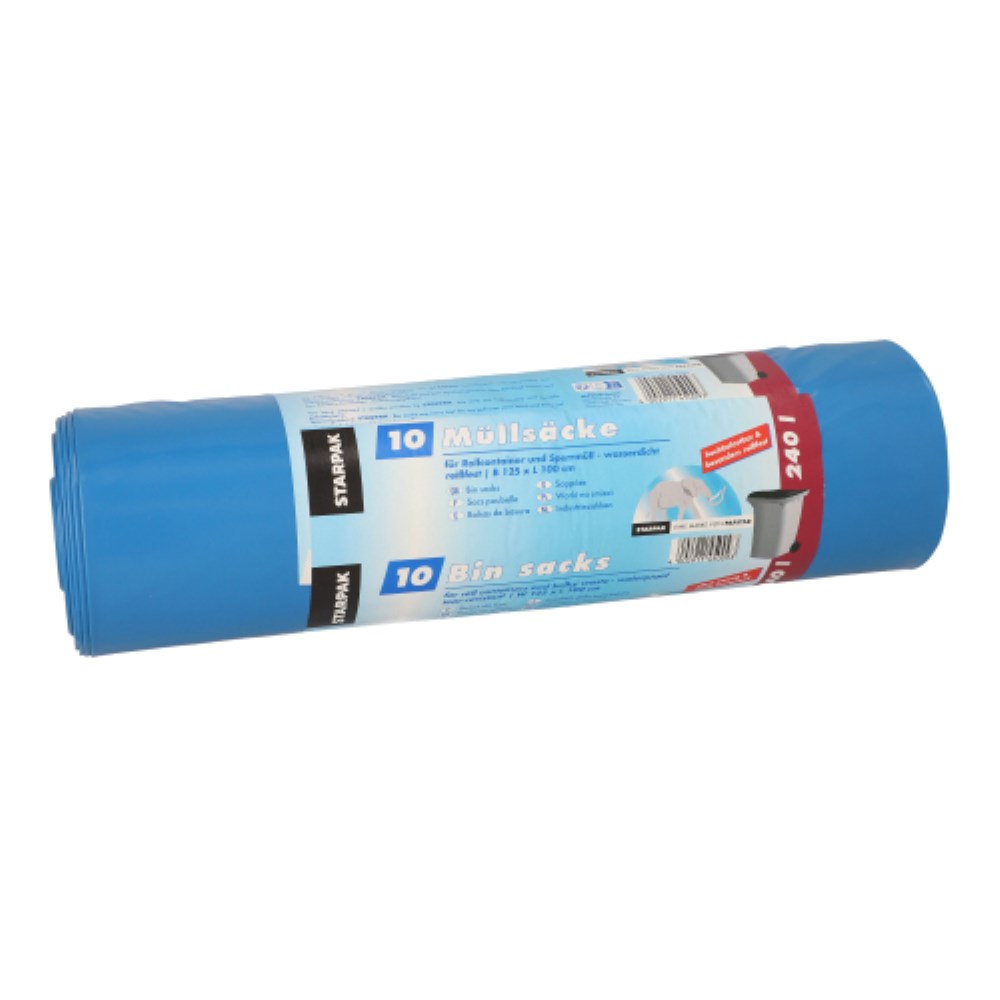 10 Müllsäcke, LDPE 240 l 100 cm x 125 cm blau hochbelastbar und besonders reißfest, 70 my