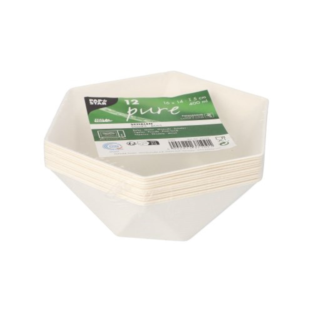 12 Schalen Zuckerrohr "pure" 6-eckig 400 ml 5 cm x 16 cm x 14 cm weiss "Diamond"