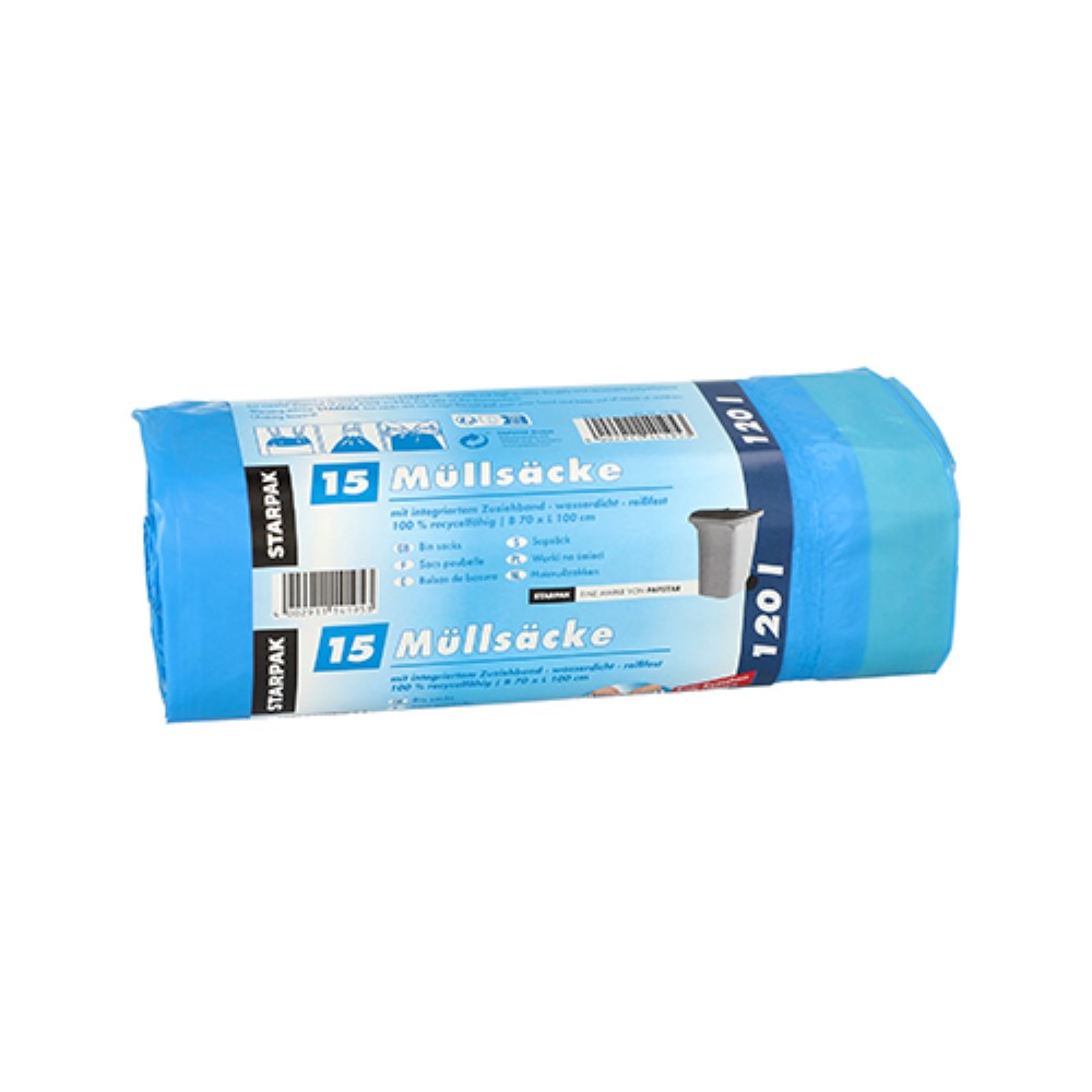 15 Müllsäcke mit Zugband, LDPE 120 l 100 cm x 70 cm blau 25 my