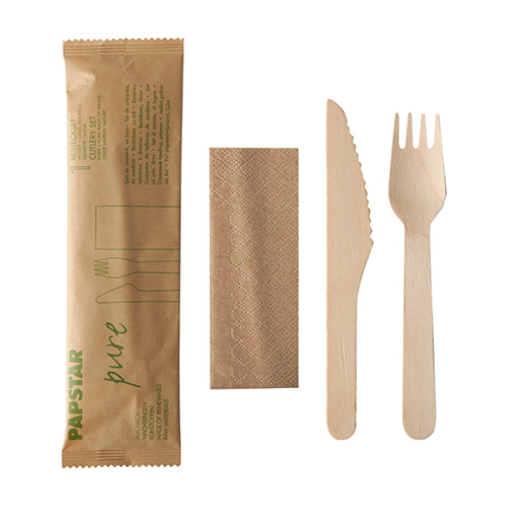 50 Besteckset, Holz "pure" : Messer, Gabel, Serviette in Papierbeutel