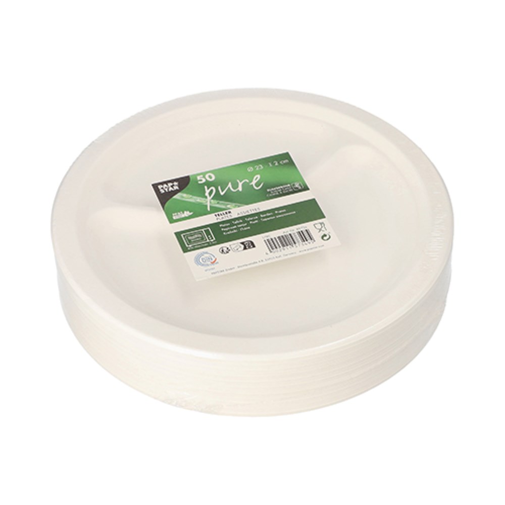 50 Teller, Zuckerrohr "pure" 2-geteilt Ø 23 cm · 2 cm weiss