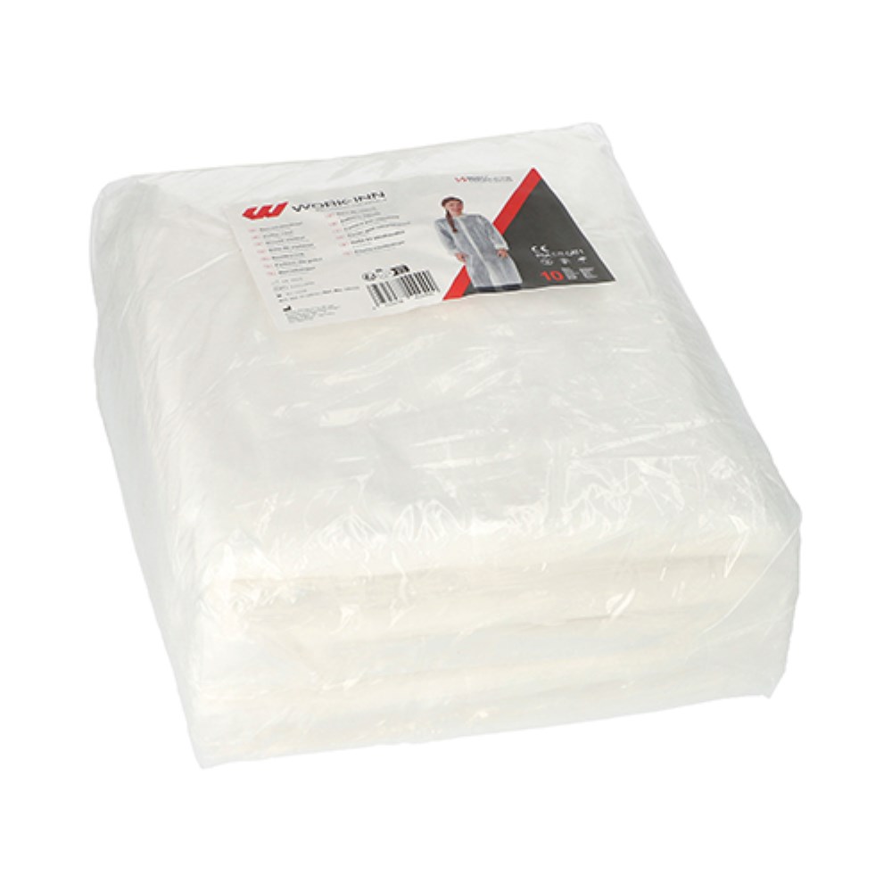 10 "WORK-INN/PS" Besuchermäntel, PP 142 cm x 112 cm weiss mit Druckknöpfen