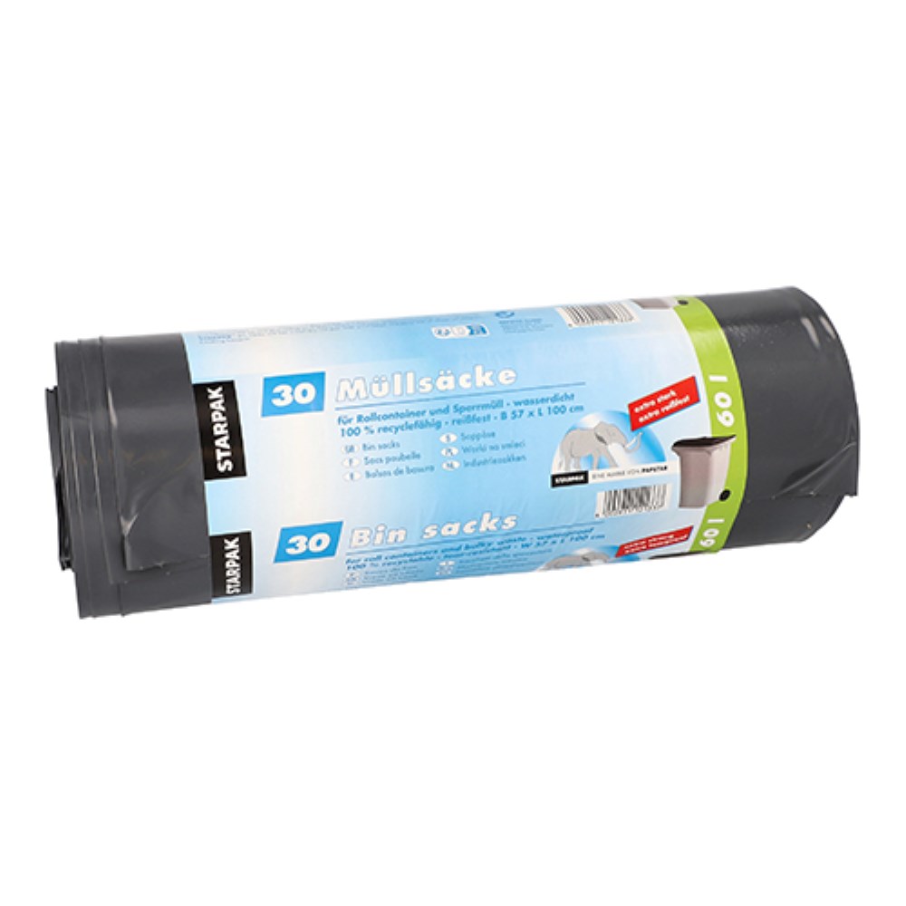30 Müllsäcke, LDPE 60 l 100 cm x 57 cm schwarz extra stark und extra reißfest, 70 my