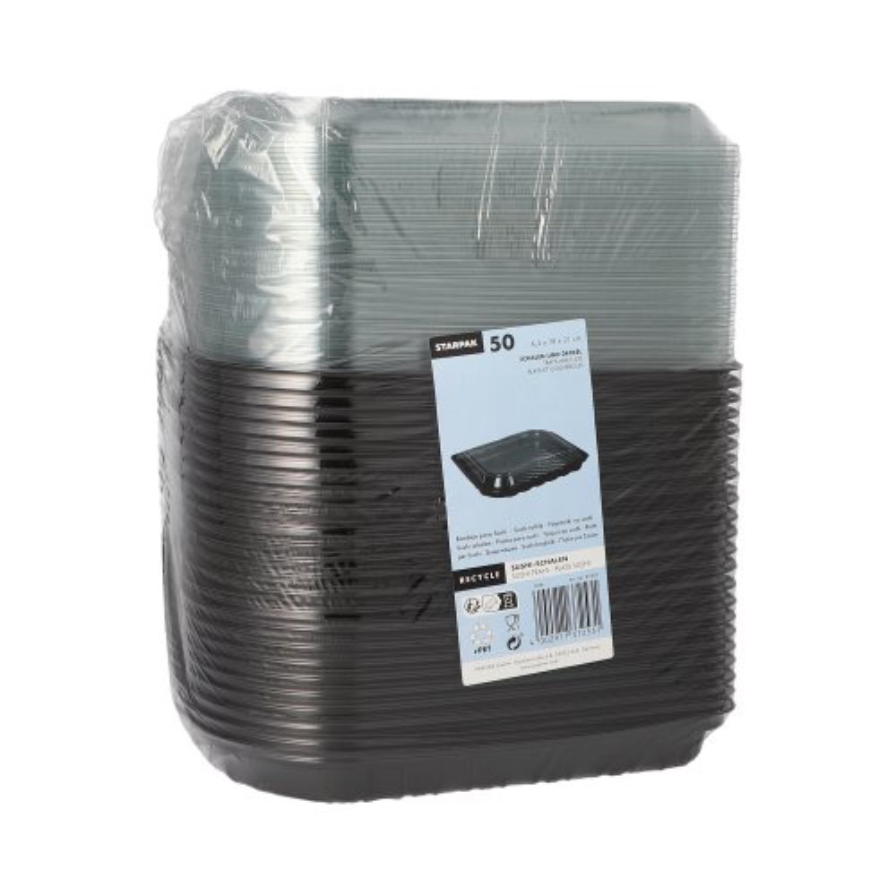 50 Sushi-Schalen R-PET rechteckig 21 cm x 18 cm x 4,3 cm schwarz mit transparentem Deckel