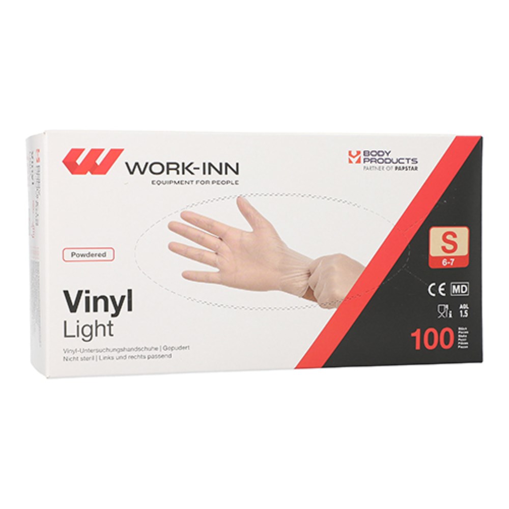 100 "WORK-INN" Handschuhe, Vinyl gepudert "Light" transparent Größe: S