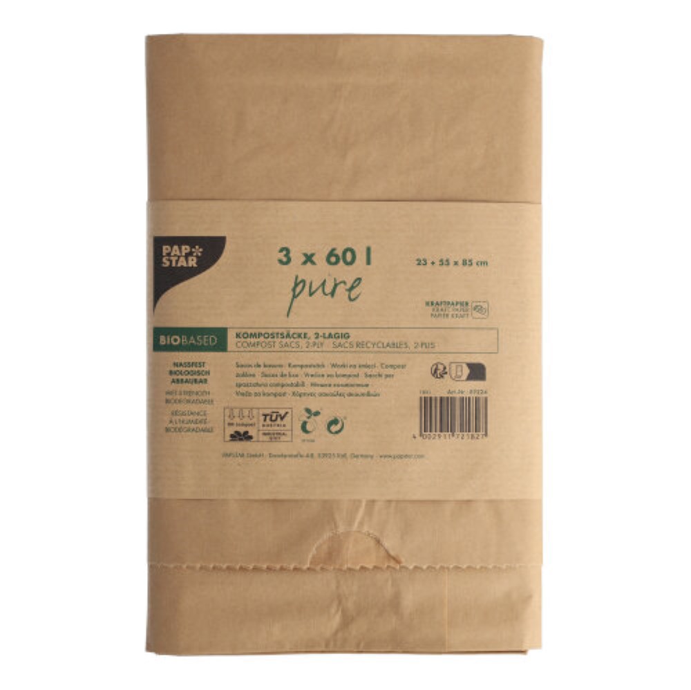 3 Kompostsäcke aus Papier "pure" 60 l 85 cm x 55 cm x 23 cm braun , 2-lagig