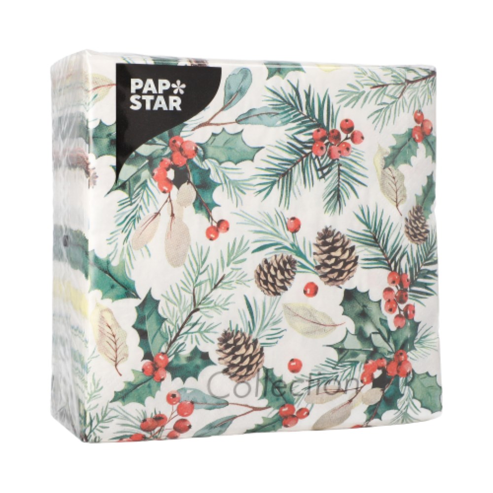 100 Servietten, 3-lagig 1/4-Falz 33 cm x 33 cm "Mistletoe and Pinecone"