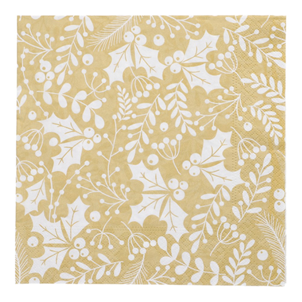 20 Servietten, 3-lagig 1/4-Falz 40 cm x 40 cm gold "Houx et Gui"