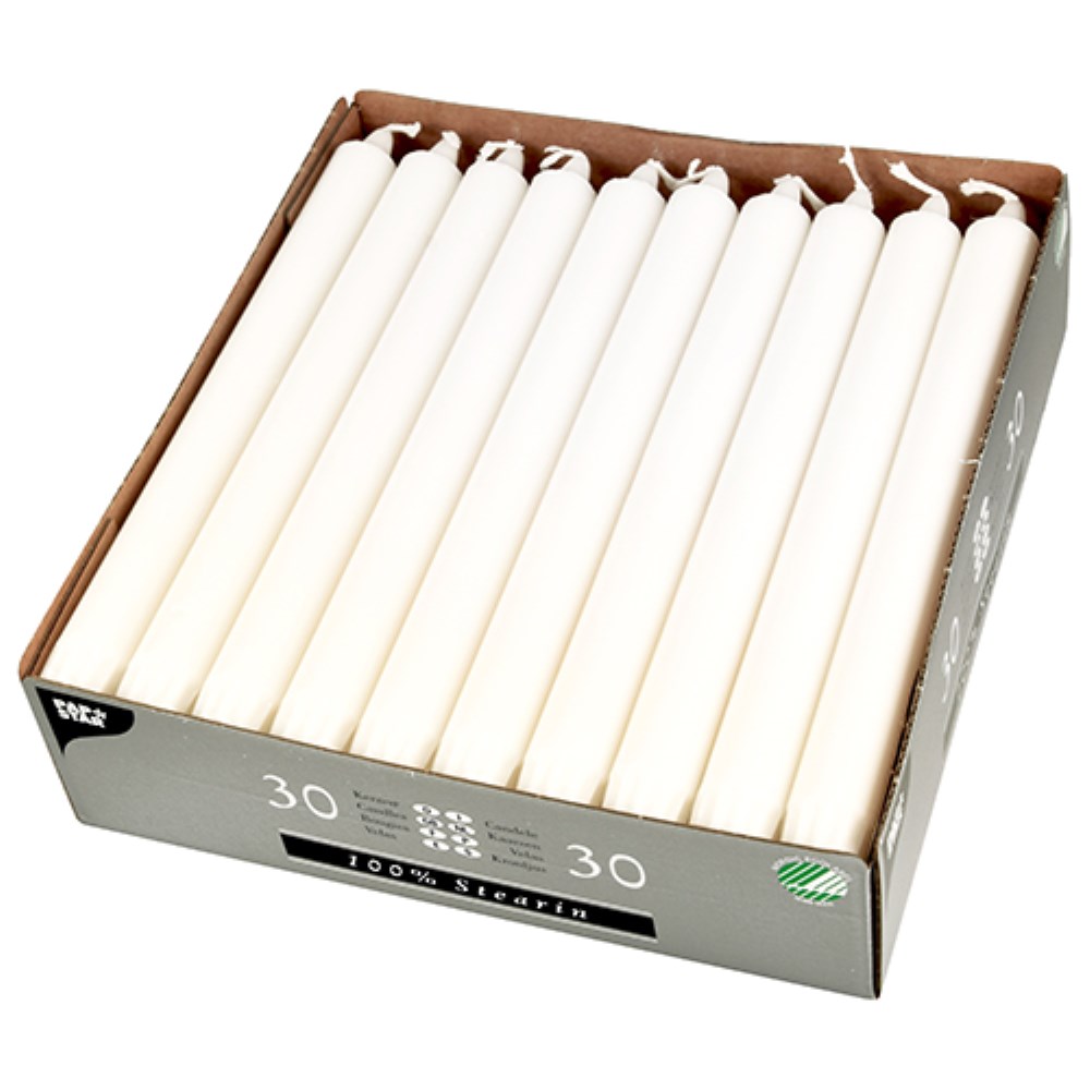 30 Kronkerzen Ø 2,2 cm · 24 cm weiss aus 100 % Stearin 30 Kronkerzen Ø 2,2 cm · 24 cm weiss aus 100 % Stearin