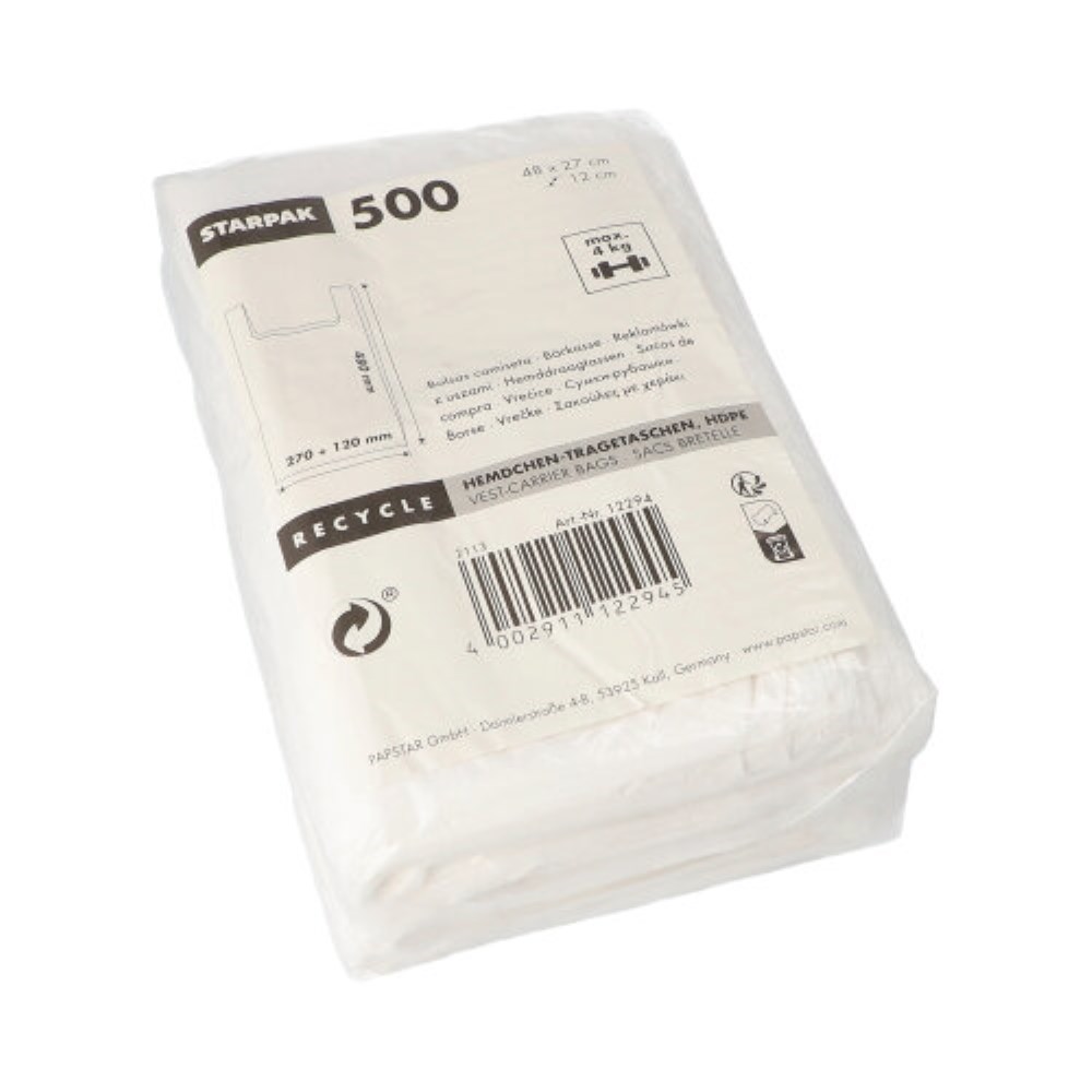 500 Hemdchen-Tragetaschen, HDPE 48 cm x 27 cm x 12 cm weiss