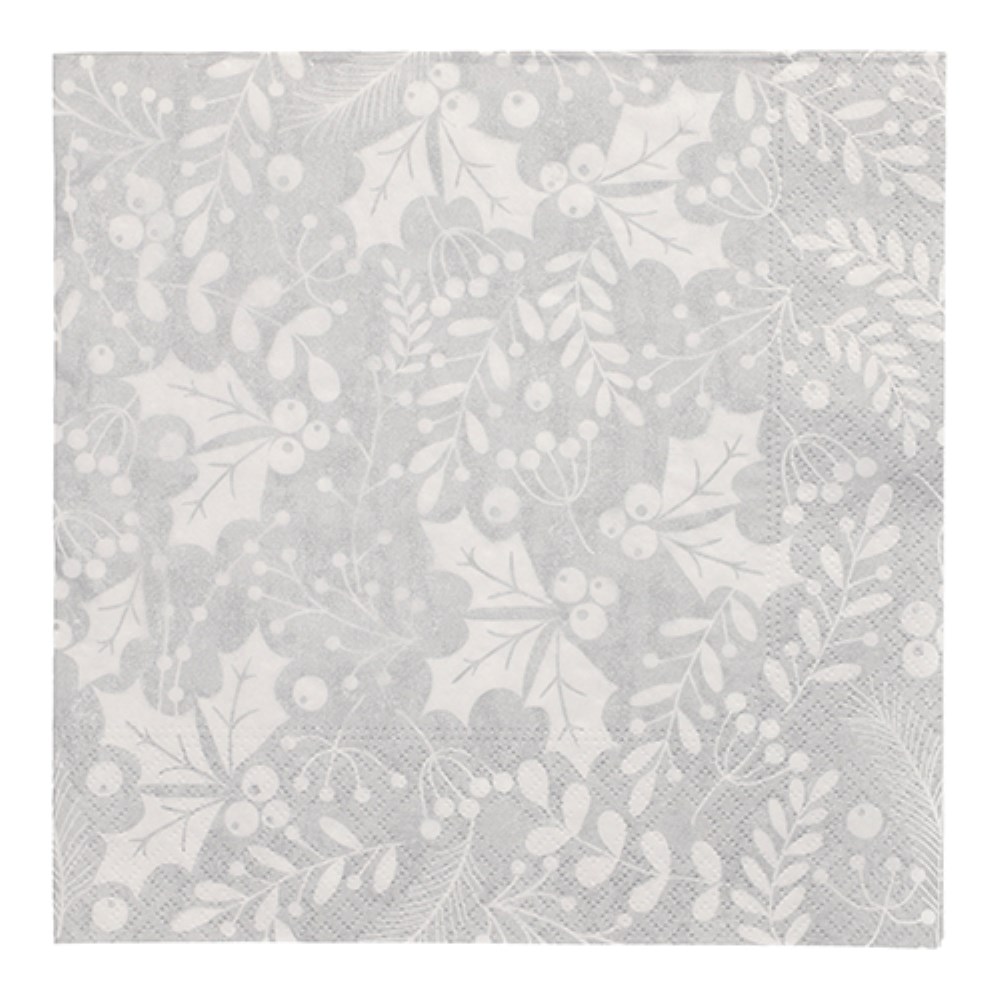 20 Servietten, 3-lagig 1/4-Falz 40 cm x 40 cm silber "Houx et Gui"