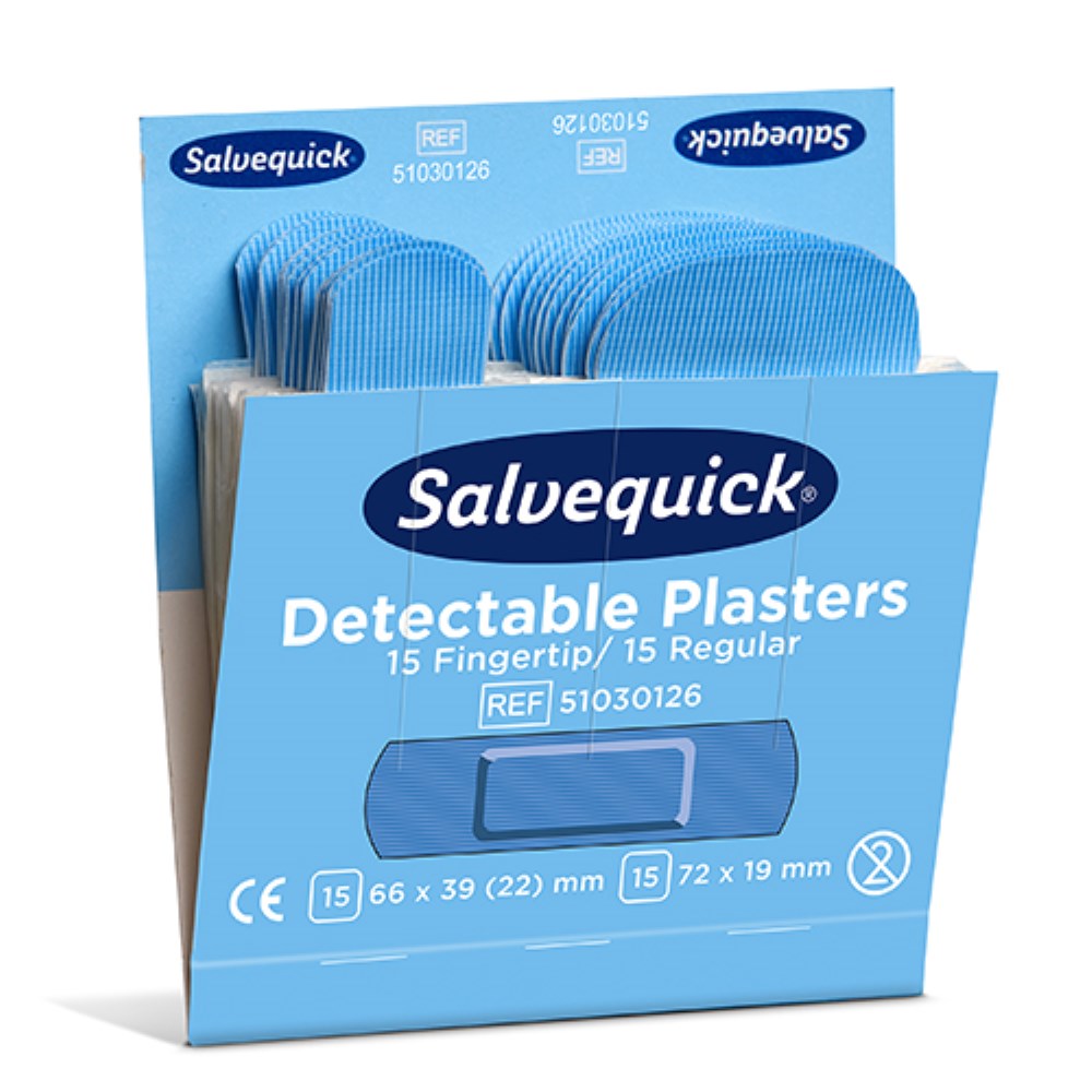 6 Set "Cederroth" Salvequick Detectable Pflaster (2 x 15 Stück) blau Fingertip & Standard, Refill