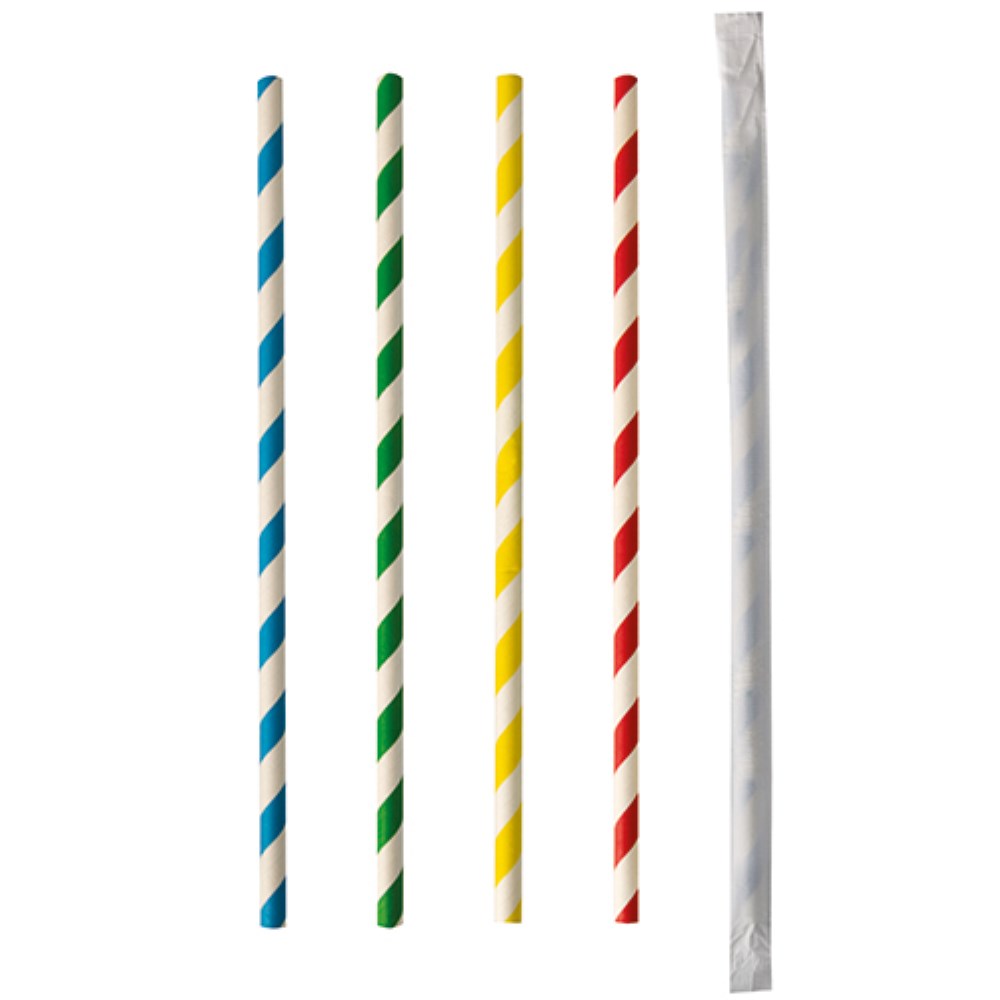 100 Trinkhalme, Papier Ø 6 mm · 20 cm farbig sortiert "Stripes" einzeln gehüllt