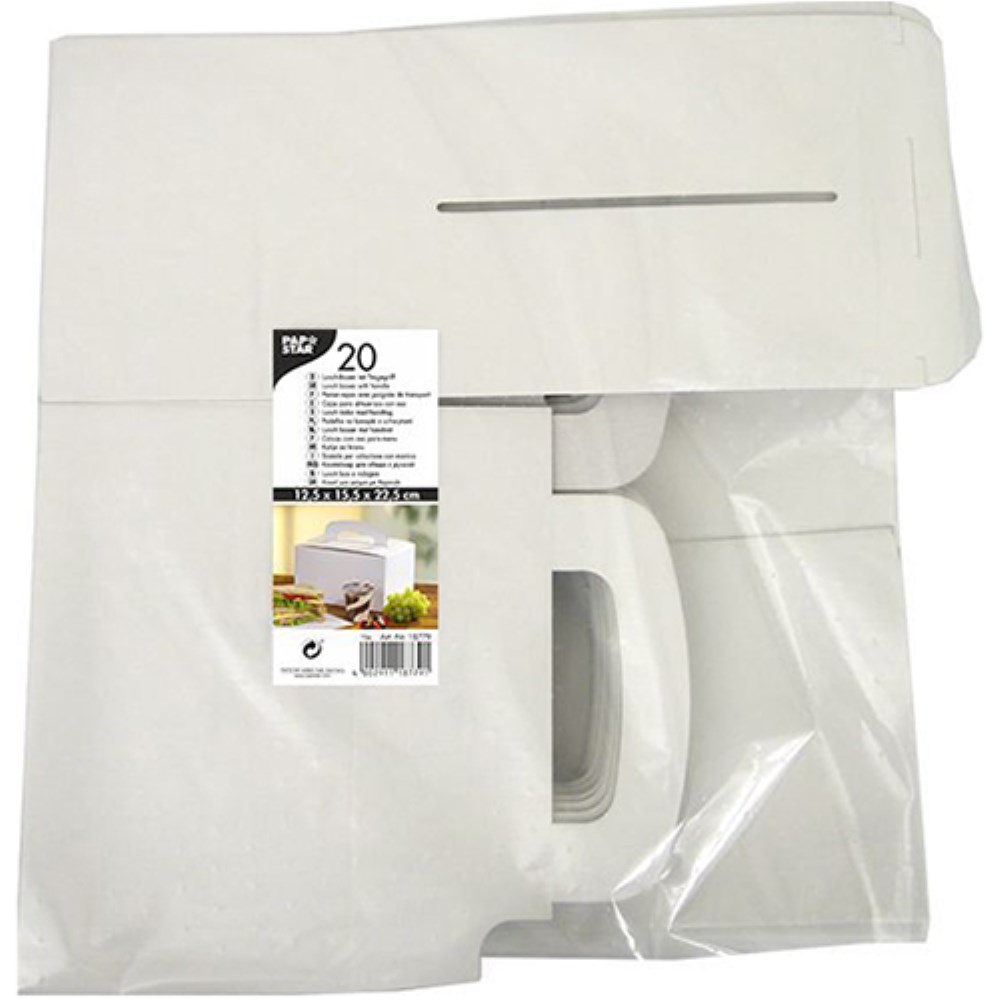 20 Lunch-Boxen, Pappe "pure" eckig 12,5 cm x 15,5 cm x 22,5 cm weiss mit Tragegriff