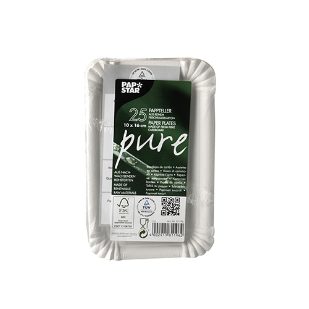 25 Teller, Pappe "pure" eckig 10 cm x 16 cm weiss 25 Teller, Pappe "pure" eckig 10 cm x 16 cm weiss