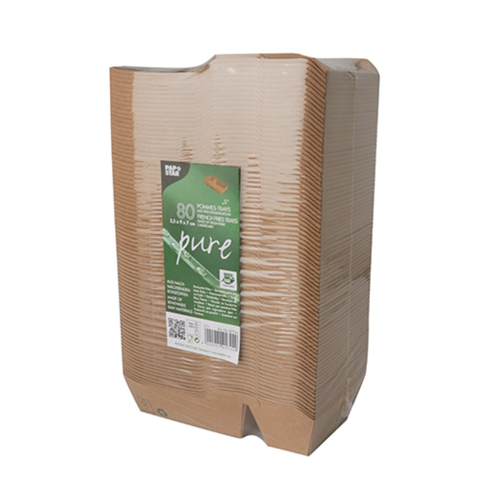 80 Pommes-Frites-Trays, Pappe "pure" 2-geteilt 3,5 cm x 7 cm x 14,5 cm braun "100% Fair" klein
