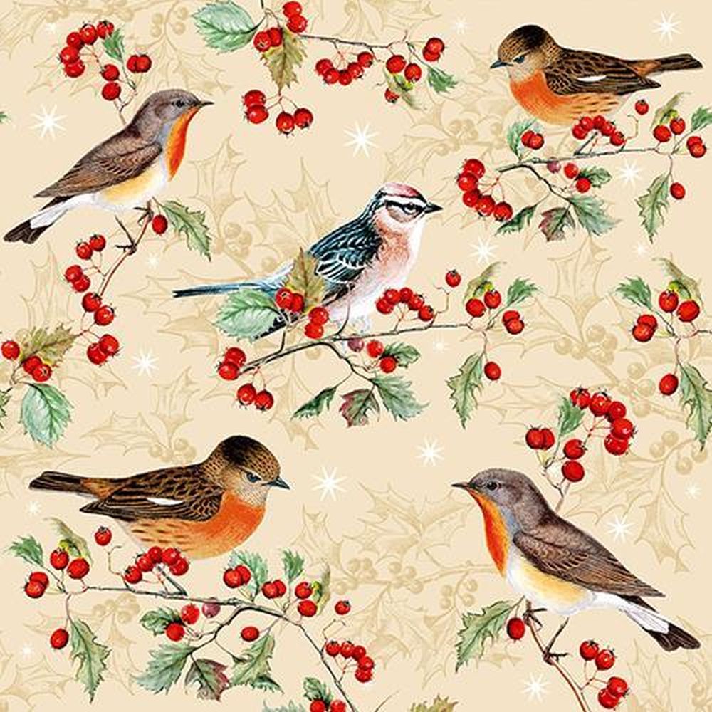 20 Servietten, 3-lagig 1/4-Falz 33 cm x 33 cm "Birds on Ilex"