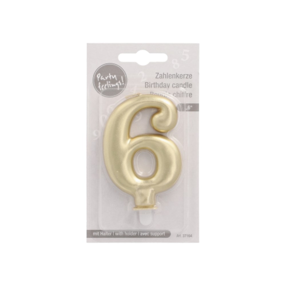 Zahlenkerze mit Halter 7 cm gold "6"