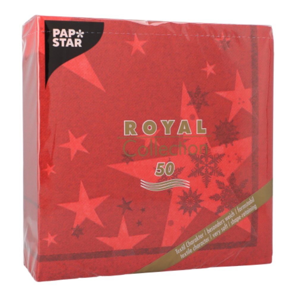 50 Servietten "ROYAL Collection" 1/4-Falz 40 cm x 40 cm rot "Stars and Snowflakes"