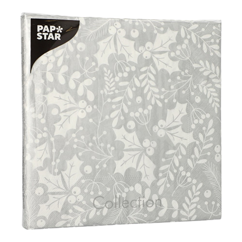 20 Servietten, 3-lagig 1/4-Falz 40 cm x 40 cm silber "Houx et Gui"