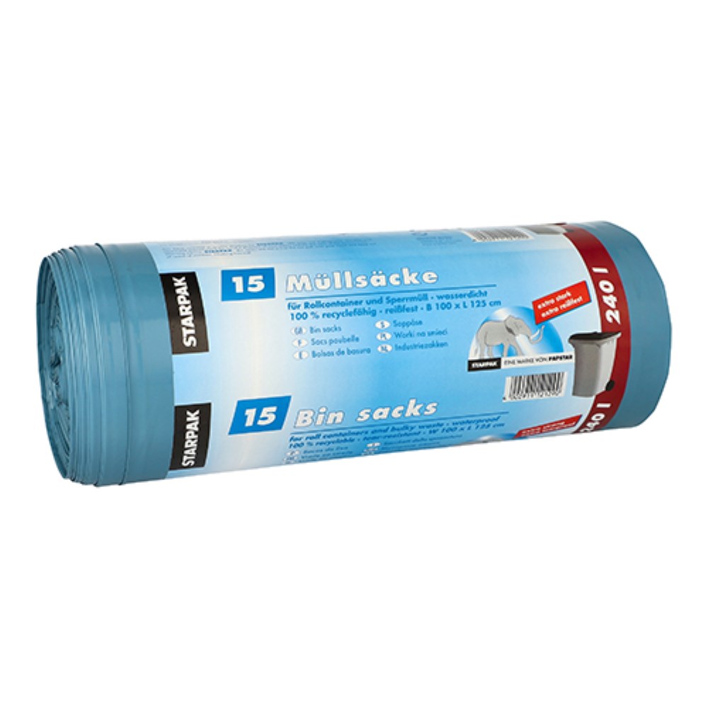 15 Müllsäcke, LDPE 240 l 125 cm x 100 cm blau extra stark und extra reißfest, 60 my