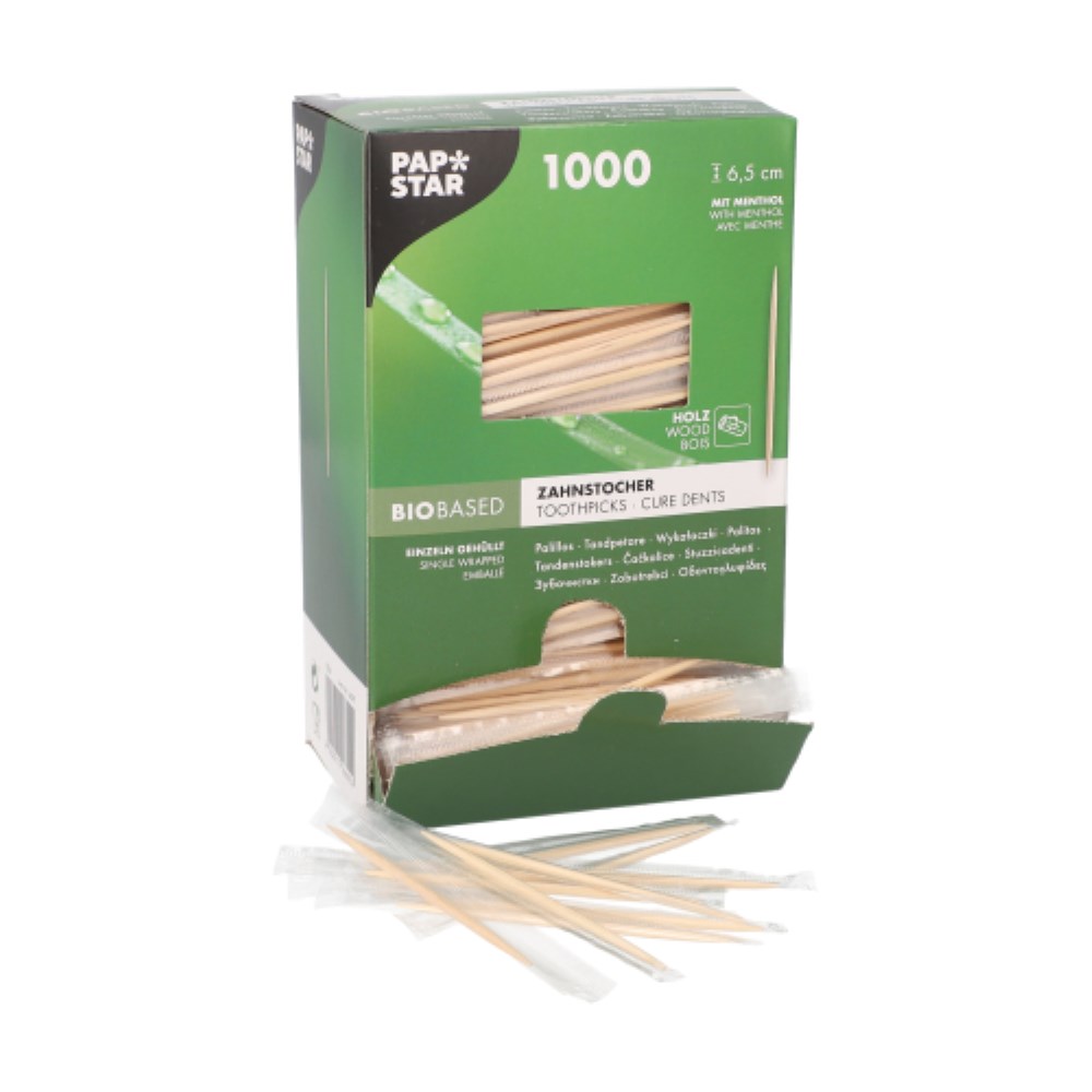 1000 Zahnstocher, Holz gehüllt rund 6,5 cm mit Menthol 1000 Zahnstocher, Holz gehüllt rund 6,5 cm mit Menthol