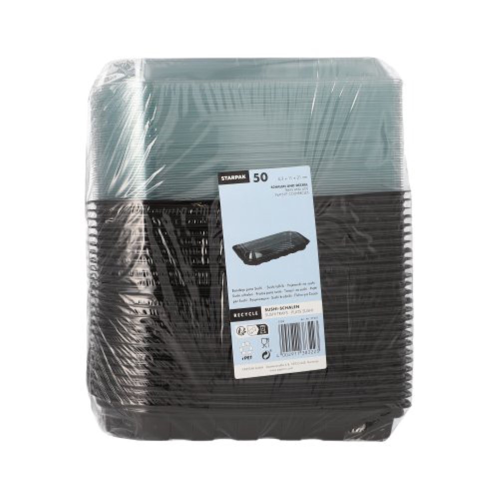 50 Sushi-Schalen R-PET rechteckig 21 cm x 11 cm x 4,3 cm schwarz mit transparentem Deckel