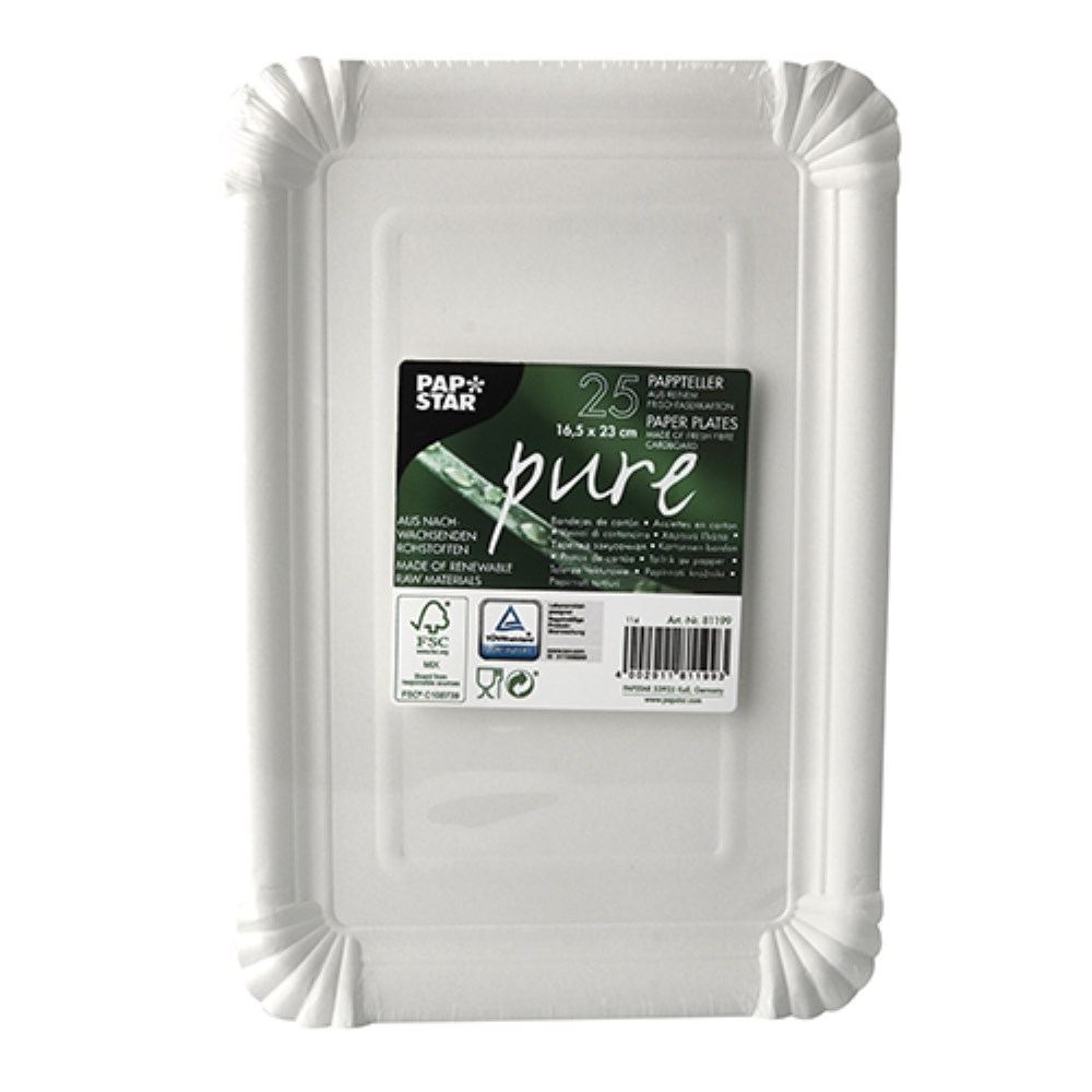 25 Teller, Pappe "pure" eckig 16,5 cm x 23 cm weiss